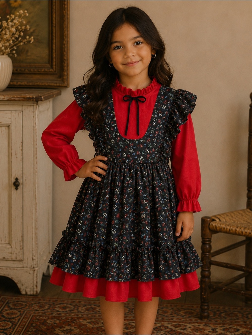 Cottagecore Prarie Elise Floral Pinafore Apron Style Girls Long Sleeve Dress Sz6